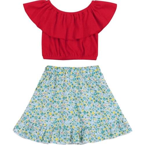2 Pieces Kids Suit Set, Summer Solid Color Round Neck Flay Sleeve Tops+ Floral Print Midi Skirt for Girls, Red, 1-6 Years