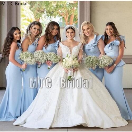 One Shoulder Baby Blue Long Bridesmaid Dresses Cheap Mermaid Maid Of Honor Dress Plus Size Satin Formal Wedding Party Gowns