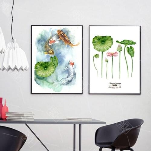 Chinese Style Ink Painting Koi Fish Lotus Flower Vintage Wall Art Picture for Living Room Canvas Home Decoration Poster No Frame