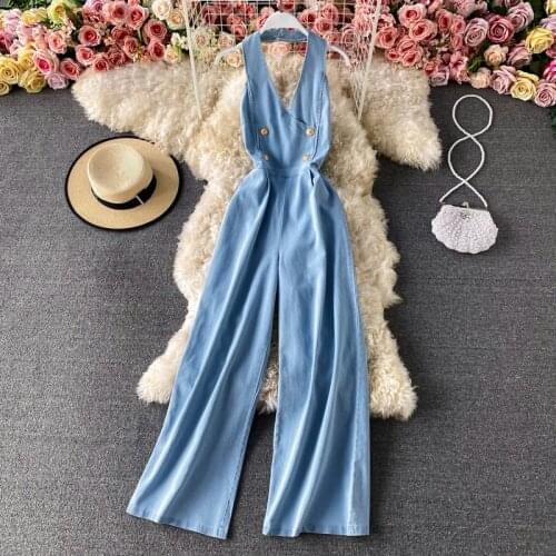 Amolapha Women Sleeveless Sexy Backless Solid Color Denim Jumpsuit High Waist Halter Neck Button Jeans Overalls Lady Romper