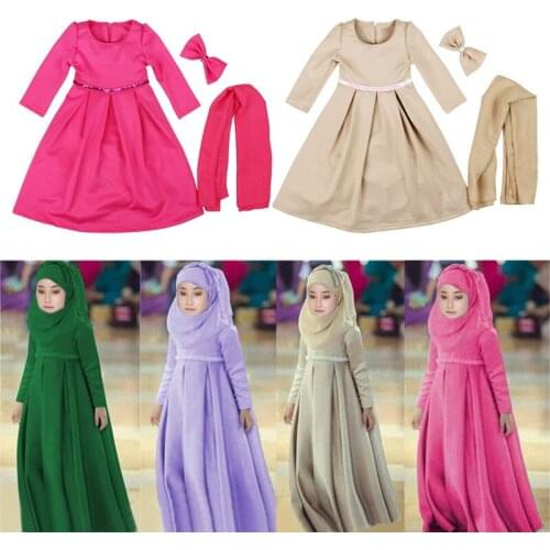 3pcs Fashion Muslim Kids Dress Headscarf Bow Tie Set Abaya Robe Arab Dubai Child Kaftan Hijab Islamic Girl Eid Party Gown Jilbab
