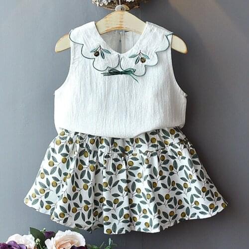 Girls Sets 2020 Summer New Childrens Clothing Girls Sweet Cherry Embroidery Top + Printed Skirt Two-Piece Suit