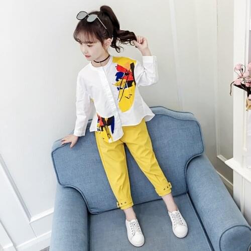 Autumn Kids Outfits For Girls Clothing Sets Print White Shirt Blouse Tops+Casual Pants 2Pcs Suits Brand Childrens Clothing 2021