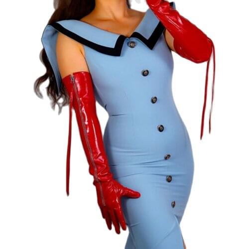 LATEX LONG GLOVES Faux Patent Leather PU 60cm Shine Red Silver Zipper Tassel Women Leather Gloves 2020 NEW WPU226