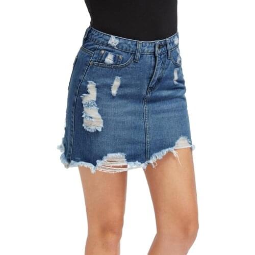 Fashion Sexy Women Ripped Frayed A-Line High Waist Hole Jeans Blue Denim Lady Skirts Casual Office Bodycon Mini Pencil Skirt New