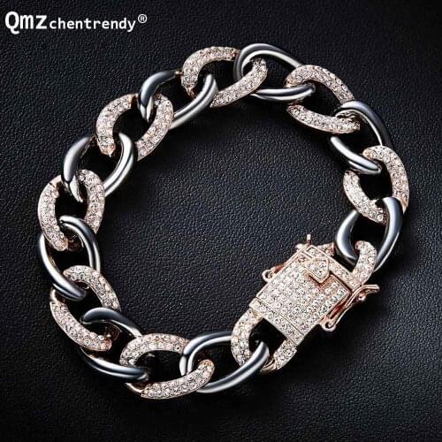 New items Men Bling Iced Out Thick Heavy Curb Cuban Chain Bracelets Copper Rhinestone Clasp Gold Chain Link CZ Bracelet