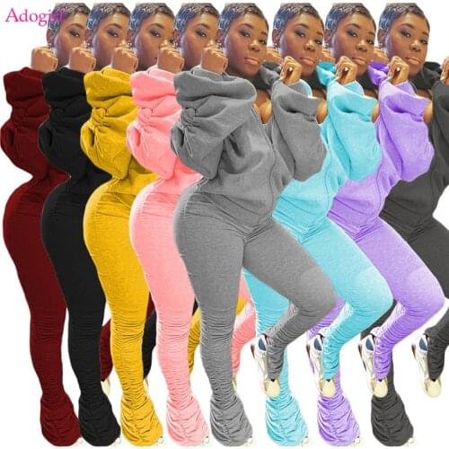 Adogirl 2020 Fall Winter Solid Backless Casual Suit Women Two Piece Set Long Puff Sleeve Zipper Hooded Sweatshirts Stacked Pants