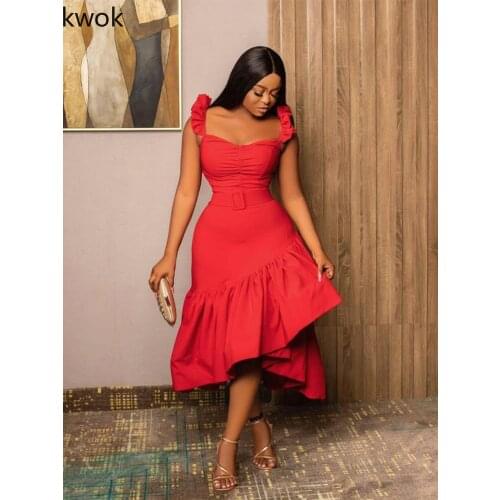 Olivekwok 2021 Autumn Woman Fashion Solid Sleeveless Sexy Slash Neck Ruffles Straight Red Dress