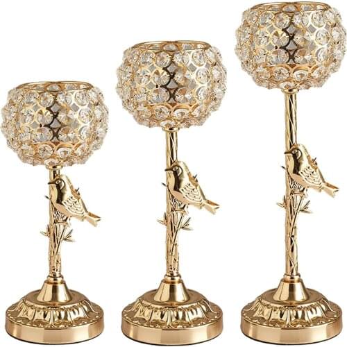 Candle Holder Candlestick Decorated with a Bird Crystal Metal Tabletop Decor