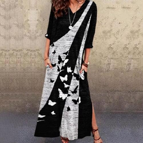 Casual Boho Dress Patchwork Printed Mid-Sleeve V Neck Maxi Dress Women Side Split Loose Retro Plus Size Long Dresses For Woman