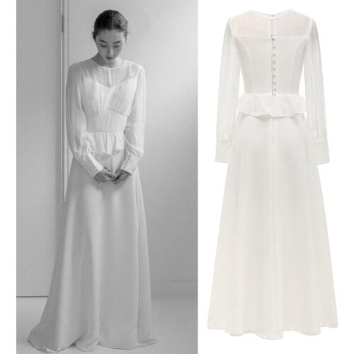 Simple Chiffon Minimalist Wedding Dress Long Sleeve Peplum Women Full Length Mini Maxi Bridal Gown Bridesmaid Bride Dress #2986