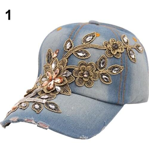 Caps Womens Embossing Flower Denim Baseball Cap Summer Rhinestone Snapback Jeans Hat