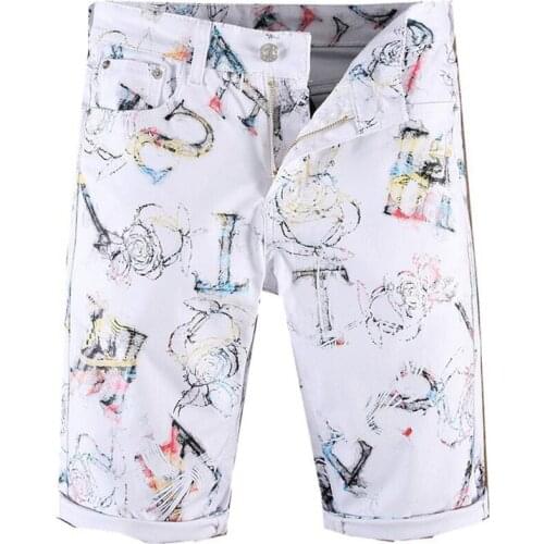 New Mens letters male fashion casual printed white shorts Slim skinny knee length stretch jeans