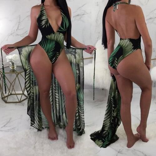 One Piece Swimsuit Sexy Green Leave Print Bikini Set with Cover-ups 2 Pics Sets Women Beach Wear Bandage Push Up Swimwear