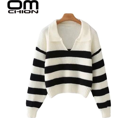 OMCHION Polo Collar Contrast Striped Sweater Korean Fashion Womens New Loose Long Sleeve Pullover Femme Lazy Jumper Knitted