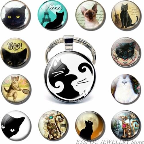 Vintage Two Yin Yang Cats Pendant Key Chain Metal Key Ring Cabochon Keychain for Fashion Women Men