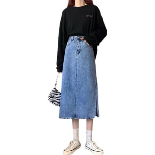 American fashion denim skirts midi length pencil skirt womens high waist A-line Split skirt hipline tight denim skirts BSQ074