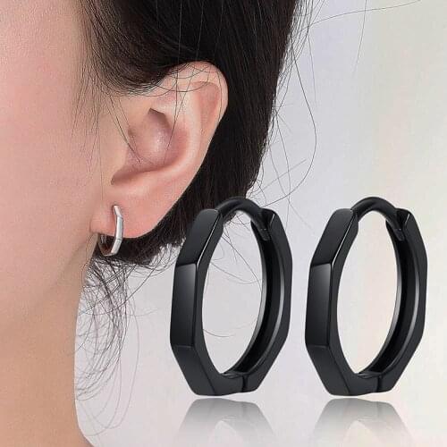 Womens Fashion Creative Polygonal Hoop Earrings Black/Silver Color Small Huggie Small Hoops Charming Earring Piercing For Girls