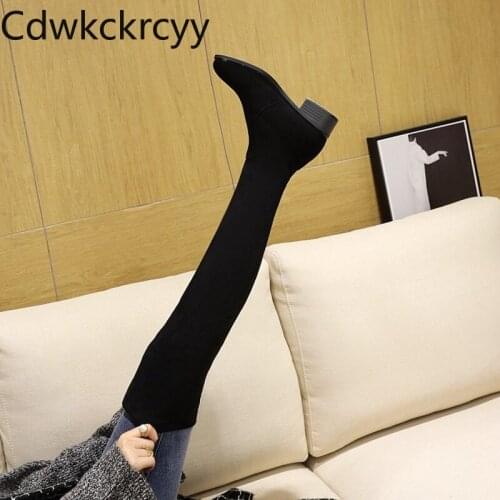 Winter The New fashion Elasticity Sexy Over the knee Boots black gray brown Round head Casual High heels Women boots size 34-41