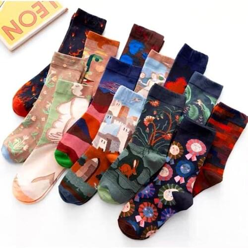 1Pair Happy Socks Unisex Women Oil Painting Van Gogh Combed Cotton Funny Fantasy Casual Novelty Party Gifts Socks Wholesale
