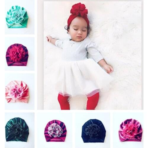 2018 New Arrival Spring Autumn Baby Boys Girls Soft Warm turban Hat Kids velvet Beanie Net yarn big flower Cap Christmas Hats