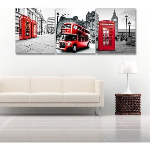 3 Panel Canvas Painting Frame Big Ben London Telephone Booth Print on Canvas for Living Room Wall Art Pictures Cafe Room Decor