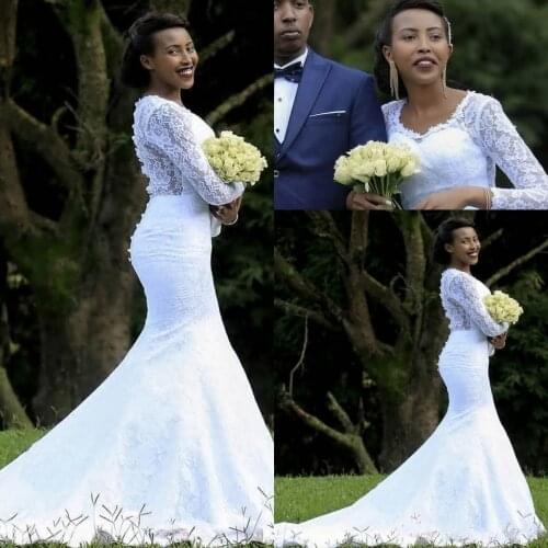 African Long Sleeves Lace Mermaid Wedding Dresses Scoop Neck Ruched Sweep Train Wedding Bridal Gowns robes de mariée