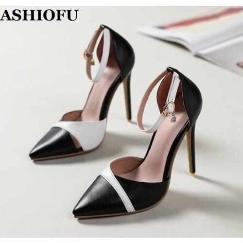 ASHIOFU Womens Stiletto Heeled Pumps Buckle Strap Patchwork Leather Party Prom Shoes Large Size Fashion Evening Club Black Shoes