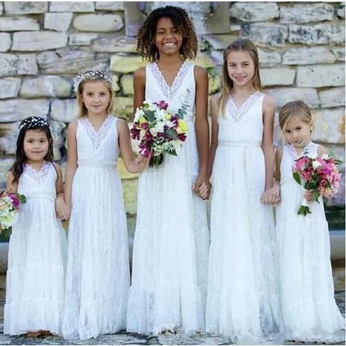 Boho White Flower Girl Dress For Beach Wedding V Neck Lace Pageant Gowns Birthday Party Dress
