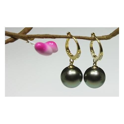 Free shipping charming 10-11mm natural Tahitian round black green pearl earring 18k