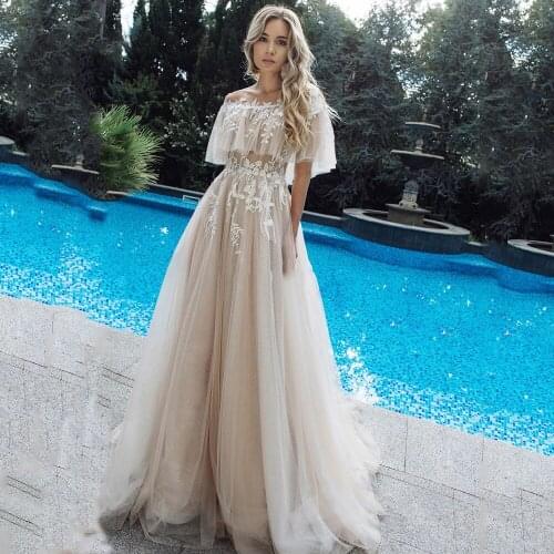 Boho Wedding Dresses 2021 Lace Applique Bridal Gown Illusion Back Cap Sleeves Princess Wedding Gowns Plus Size Vestido De Noiva