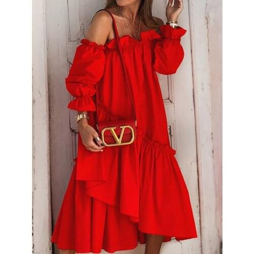 Elegant Beach Style Off Shoulder Ruffle Long Dress Women Autumn Long Sleeve Solid Party Dress Sexy Lady Slash Neck Dress Vestido