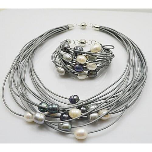 Genuine Real Pearls Gray Leather Necklace Bracelet Jewelry set White Gray Black Color Rice Freshwater Jewelry Magnet clasp