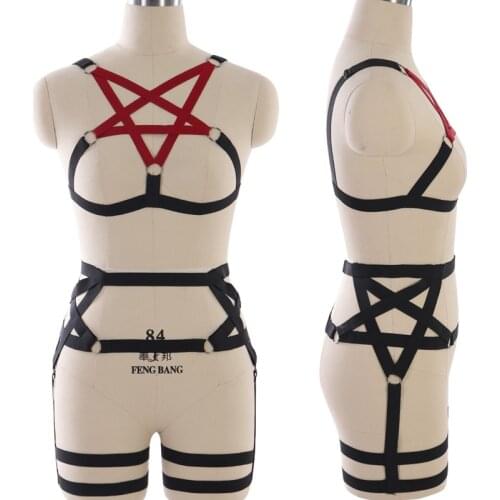 Full Body Harness Lingerie Set For Women Pentagram Bra Belt Goth Garter Elastic Adjust Strap Halloween Festival Dance Rave Wear