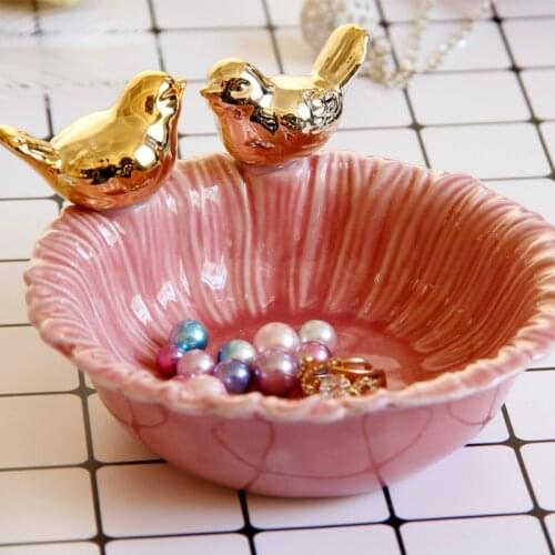Creative Ceramic Jewelry Plate Pink Plating Gold Double Bird Ceramic Home Decoration Jewelry Pet Bird Tableware