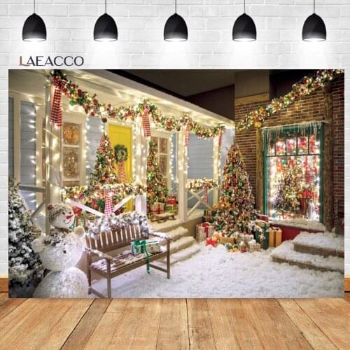 Laeacco Merry Christmas Outdoor Christmas Tree Snowman Ambient Light Background Baby Portrait Customized Photography Backdrops