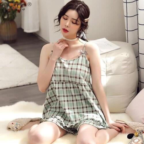 Cute Grid Girls Pajamas Set Korean Summer New Sleeveless Leisure Sleepwear Women Loose Nightwear Homewear Suit