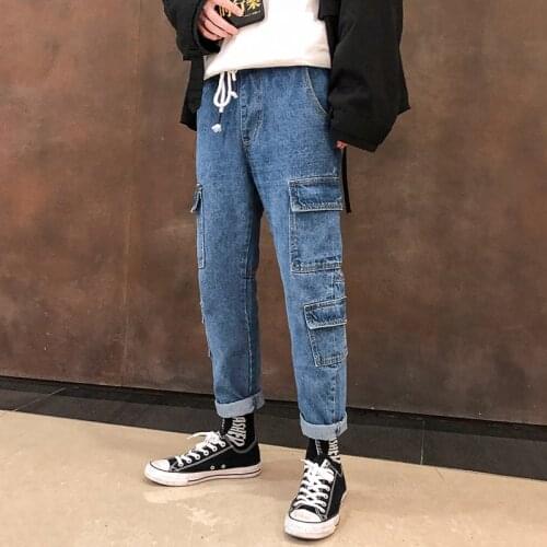 Wholesale 2021 mens fashion Casual Cargo Male Jeans Pants With Elastic Waist Band Multi Pocket Pants Mens Korean Jeans For Boy
