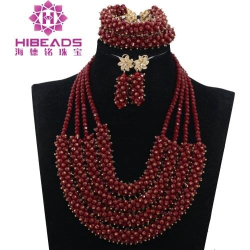 New Dark Red Crystal Pendant Chunky Statement Necklace Set Wedding African Beads Jewelry Set Party Free Shipping WE070