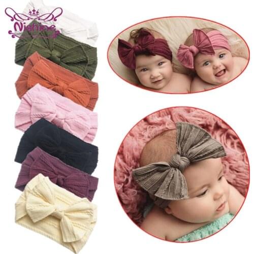 Nishine 1 PCS Solid Color Striped Bowknot Baby Elastic Hairband Toddler Soft Comfortable Nylon Headband DIY Headwear Photo Props