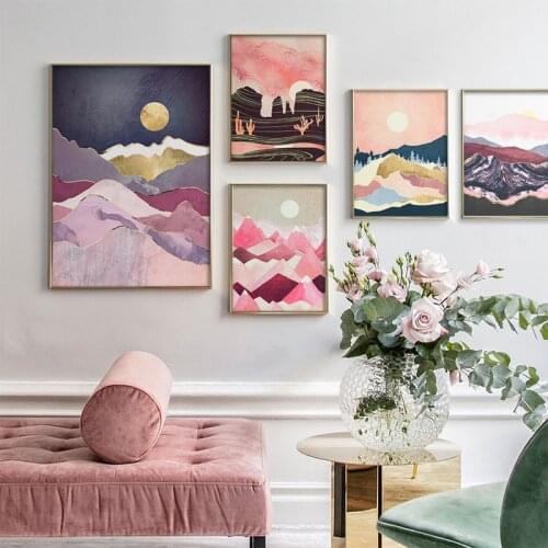 Japanese Cherry Blossom Tones Landscape Posters Pink Sunrise Mountain Canvas Painting Prints Wall Art Pictures Room Home Decor