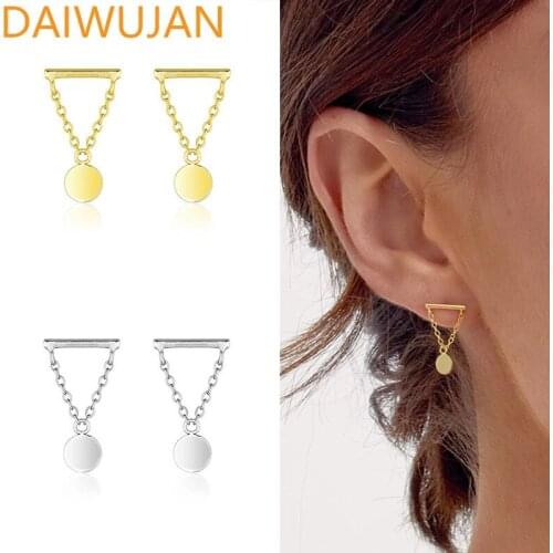 INS Hot 925 Sterling Silver Geometric Triangle Stud Earrings Gold Chain Tassel Hanging Round Pendant Small Earrings For Women