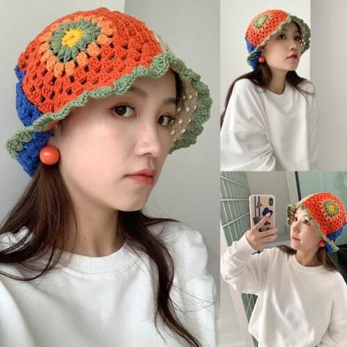 Hand-Knitted Hats in Bright Contrast Colors Fisherman hat Girl Summer Hollowing Out Female Elegant