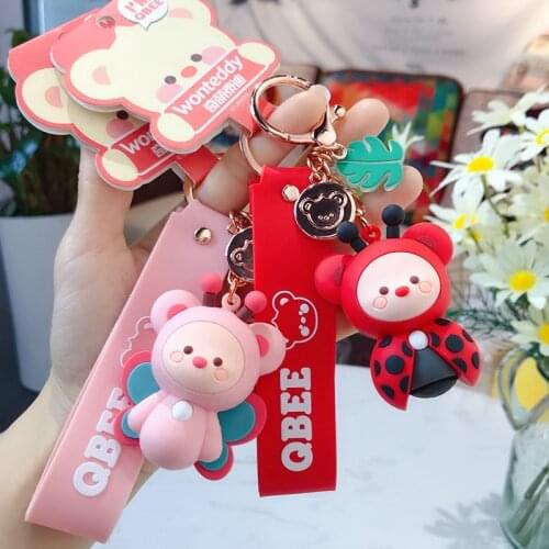 Cute Insect Doll Car Keychain Butterfly Caterpillar Bee Car Schoolbag Pendant Charms Trinket for Girl Car Bag Key Ring Kids Gift