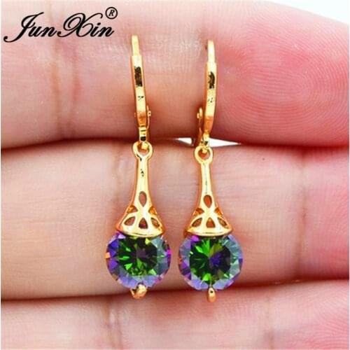 Cute Round Crystal Stone Drop Earrings For Women Yellow Gold Rainbow Red Pink White Zircon Dangle Earrings Bride Wedding Jewelry