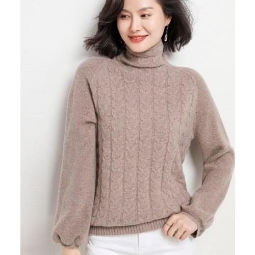 Turtleneck sweater womens wool material three-dimensional cable twist warm soft wax autumn new product comfortable pullover
