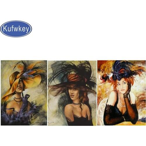 Triptych Cross Stitch Diamond Painting Hat Women Full Square/Surrounded Diamond Embroidery Puzzle 5d Mosaic Kit Portrait Gift