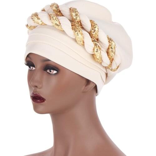 Muslim Women Ruffle Cotton Double Sequins Braid Turban Hats Chemo Beanies Cap Hijab Headwear Head Wrap Hair Accessories
