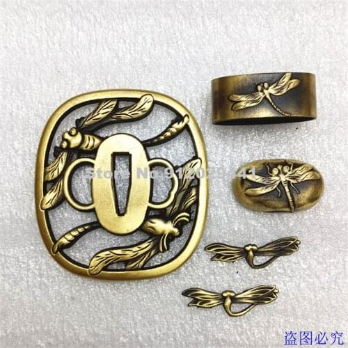 High Quality Brass Carved Guard TSUBA FUCHI KASHIRA MENUKI W Dragonfly For Japanese Sword Samurai Katana Japan Wakizashi Set