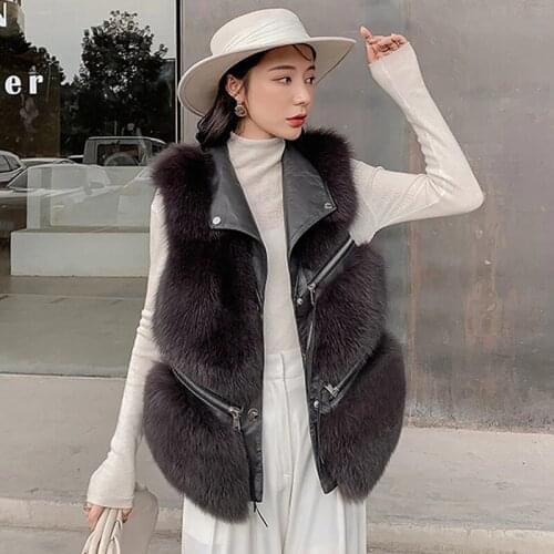 2021 Korean Winter Fox Fur Leather Splicing Parkas Vest Solid Multi-zip Decoration Loose Warm Coat Women Fashion Streetwear Coat